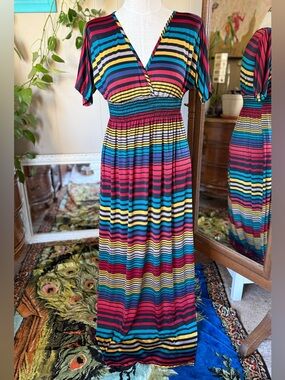 Vintage Mi Manchi Retro Rainbow Stripe Short Sleeve Y2K Maxi Dress Artsy, Large